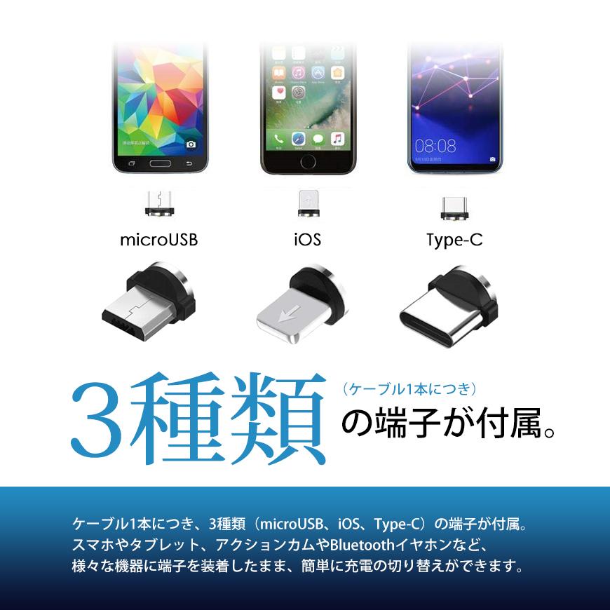 L字型 マグネット 充電ケーブル TYPE-C Micro USB Android iPhone スマホ 充電器 ナイロンメッシュ 黒 2m 2本セット 送料無料｜beebraxs｜03