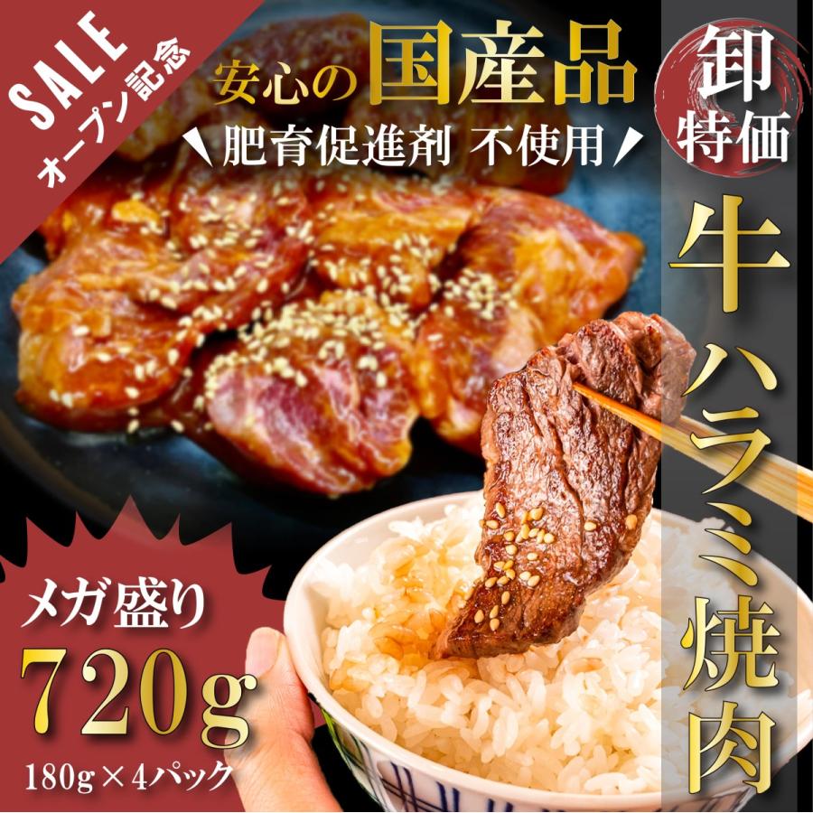 おひとり様３個まで 数量限定再入荷 希少な国産ハラミ 国産牛 牛肉 焼肉 720g 180g × 4パック やわらか加工 たれ漬け 送料無料 BBQ｜beeft