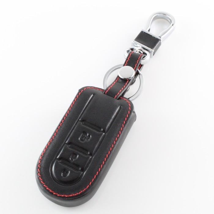 ダイハツ 本革 キーケース 3つボタンタイプ 片側スライド ブラックレザー レッドステッチ レザーキーカバー キーホルダー 大特価放出