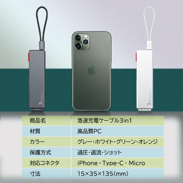 3in1 急速充電ケーブル MAGIC BOXマジックボックス 【グレー