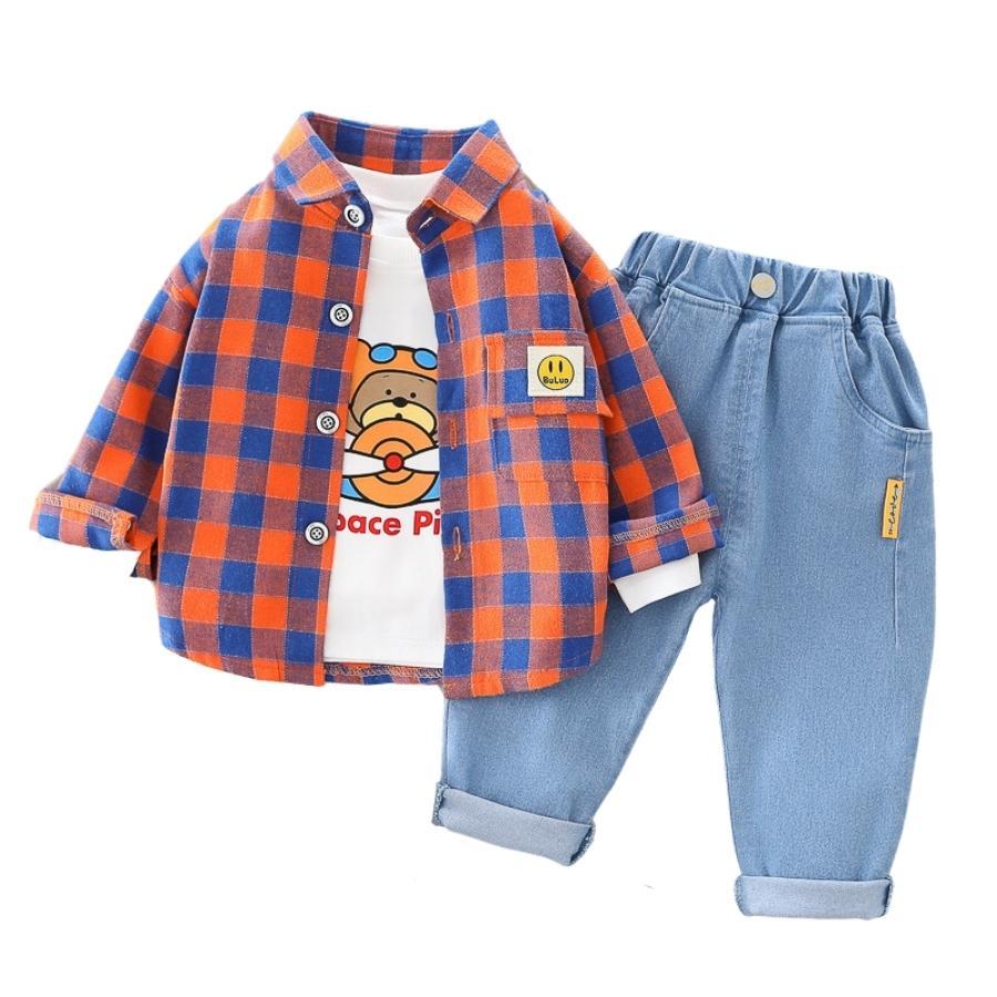 3点セット チェック柄 長袖ボタンシャツ デニムパンツ 長袖Tシャツ 上下セット ジーパン セットアップ 韓国子供服 男の子 | ブランド登録なし | 13