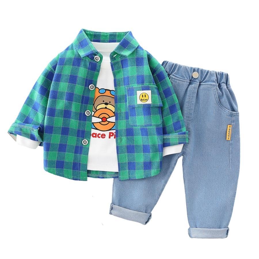 3点セット チェック柄 長袖ボタンシャツ デニムパンツ 長袖Tシャツ 上下セット ジーパン セットアップ 韓国子供服 男の子 | ブランド登録なし | 14