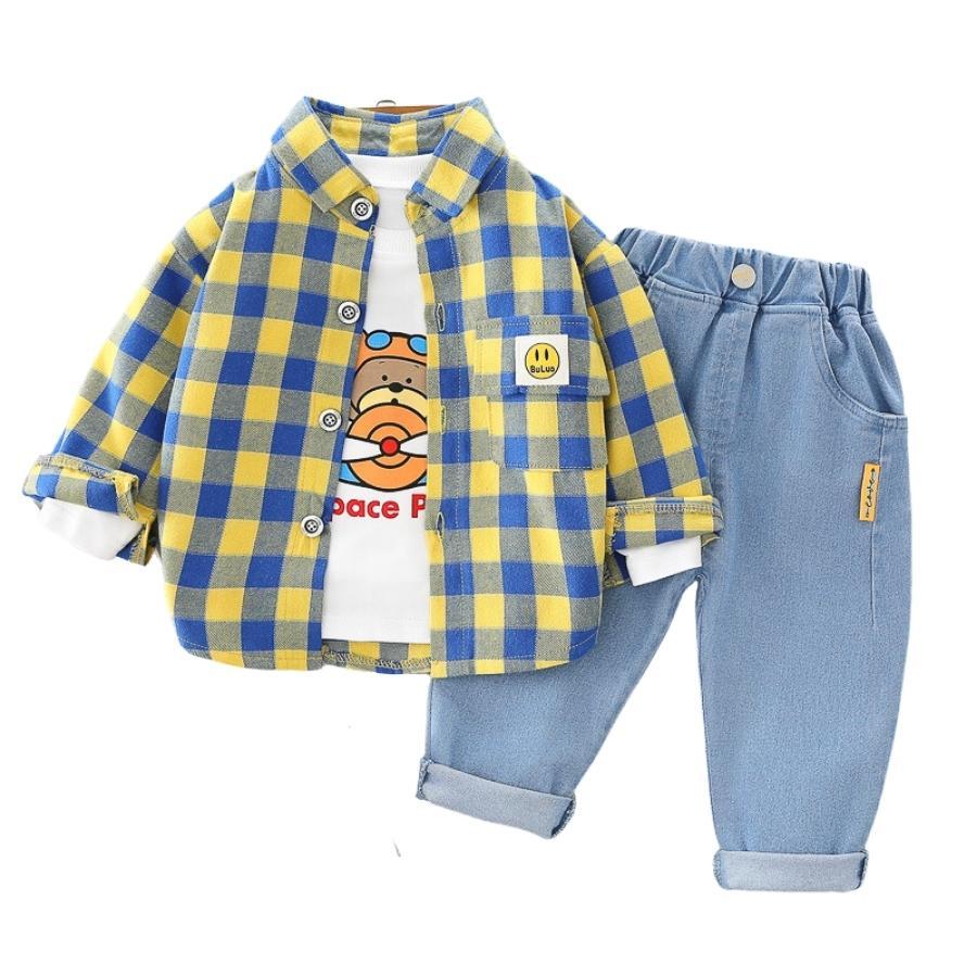 3点セット チェック柄 長袖ボタンシャツ デニムパンツ 長袖Tシャツ 上下セット ジーパン セットアップ 韓国子供服 男の子 | ブランド登録なし | 15