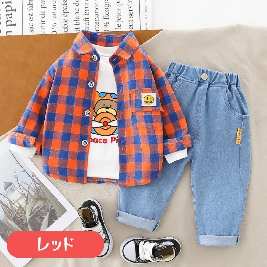 3点セット チェック柄 長袖ボタンシャツ デニムパンツ 長袖Tシャツ 上下セット ジーパン セットアップ 韓国子供服 男の子 | ブランド登録なし | 01