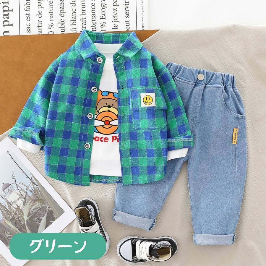3点セット チェック柄 長袖ボタンシャツ デニムパンツ 長袖Tシャツ 上下セット ジーパン セットアップ 韓国子供服 男の子 | ブランド登録なし | 02