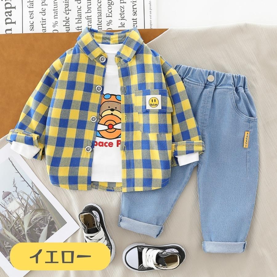 3点セット チェック柄 長袖ボタンシャツ デニムパンツ 長袖Tシャツ 上下セット ジーパン セットアップ 韓国子供服 男の子 | ブランド登録なし | 03