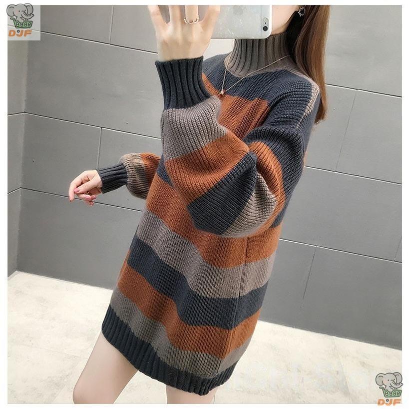 【人気商品】チュニック セーター ス プルオーバー レディース ロング丈 ニット 長袖 プチハイネック カジュアル ボーダー柄 無地 着痩せ シンプル ゆったり |  | 14