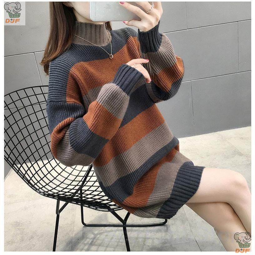 【人気商品】チュニック セーター ス プルオーバー レディース ロング丈 ニット 長袖 プチハイネック カジュアル ボーダー柄 無地 着痩せ シンプル ゆったり |  | 03