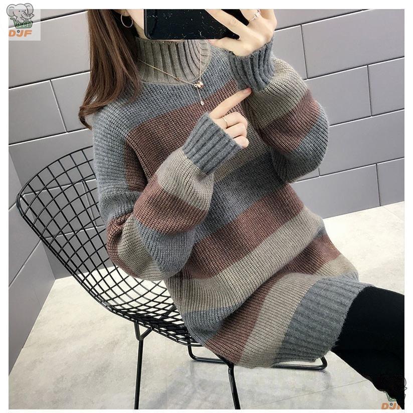 【人気商品】チュニック セーター ス プルオーバー レディース ロング丈 ニット 長袖 プチハイネック カジュアル ボーダー柄 無地 着痩せ シンプル ゆったり |  | 05