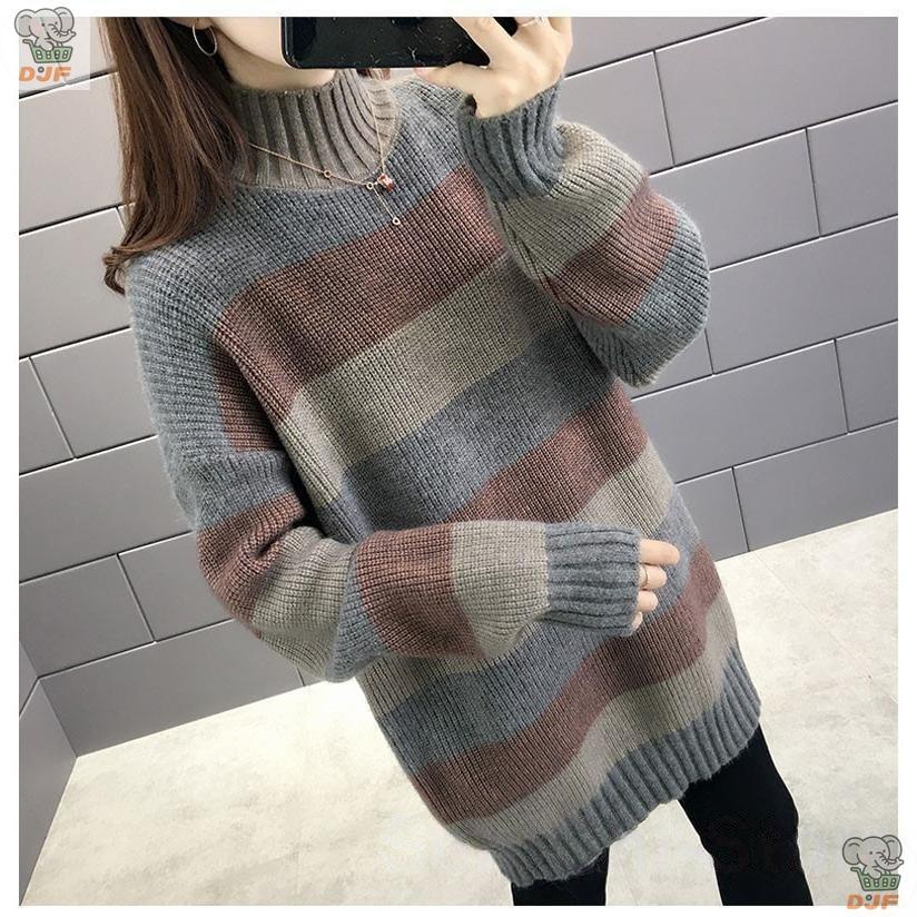 【人気商品】チュニック セーター ス プルオーバー レディース ロング丈 ニット 長袖 プチハイネック カジュアル ボーダー柄 無地 着痩せ シンプル ゆったり |  | 07