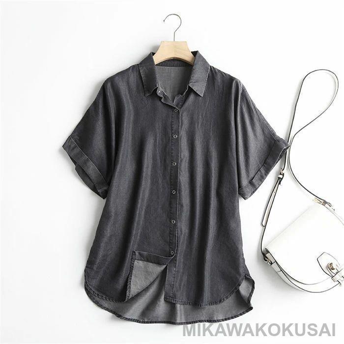 デニムシャツ 半袖 レディース デニム シャツ 夏 薄手 シャツ ブラウス 半袖 トップス ゆったり 羽織り 重ね着 無地 ギャザー 着回し 春夏 カジュアル |  | 03