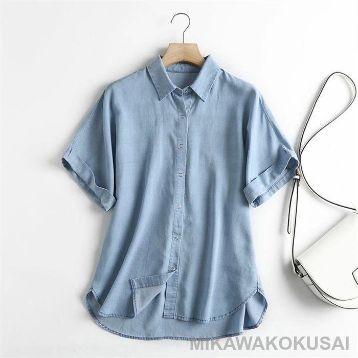 デニムシャツ 半袖 レディース デニム シャツ 夏 薄手 シャツ ブラウス 半袖 トップス ゆったり 羽織り 重ね着 無地 ギャザー 着回し 春夏 カジュアル |  | 04