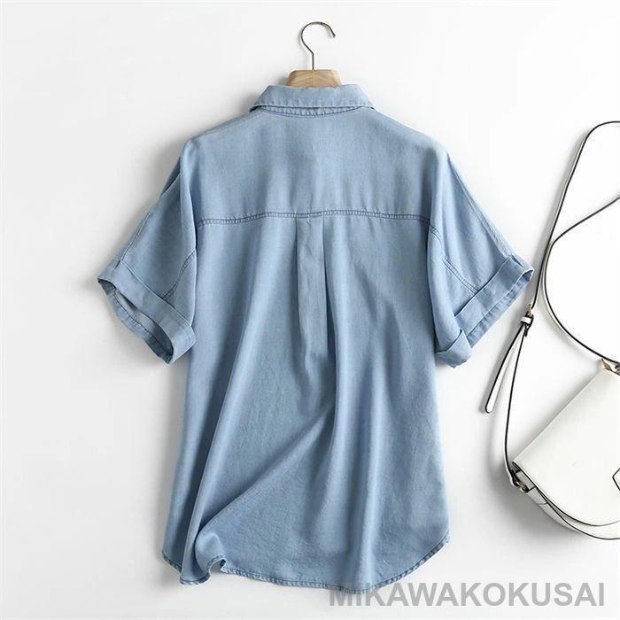 デニムシャツ 半袖 レディース デニム シャツ 夏 薄手 シャツ ブラウス 半袖 トップス ゆったり 羽織り 重ね着 無地 ギャザー 着回し 春夏 カジュアル |  | 05