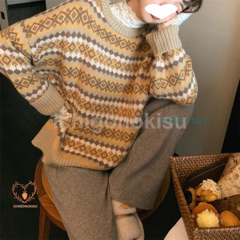 ニットセーター レディース 秋冬 40代 トップス 長袖 丸首セーター 民族風 ニットトップス ゆったり セーター 学院風 オシャレ 着痩せ 2色 |  | 11