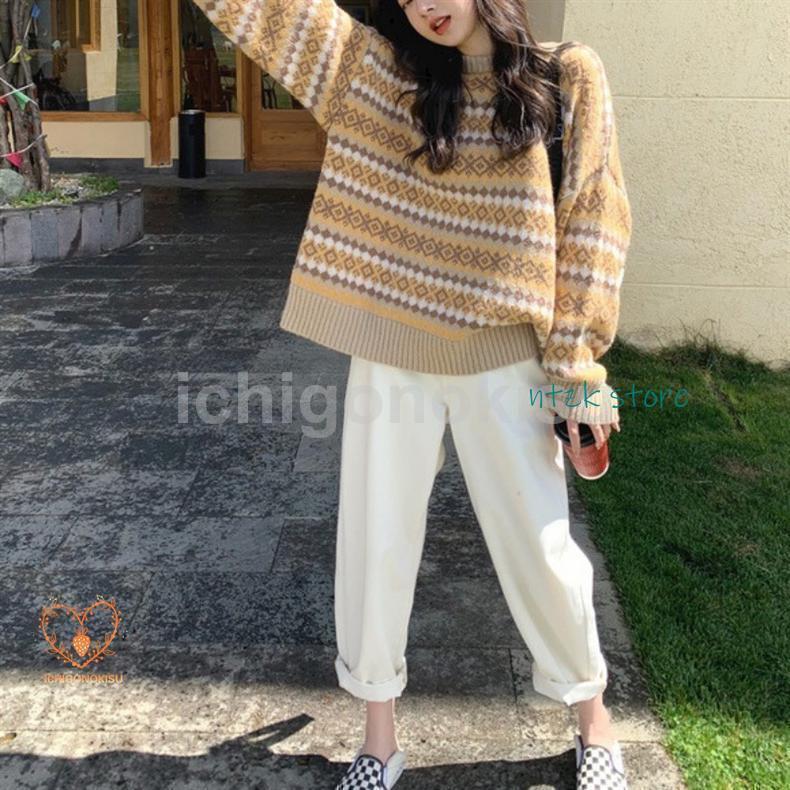 ニットセーター レディース 秋冬 40代 トップス 長袖 丸首セーター 民族風 ニットトップス ゆったり セーター 学院風 オシャレ 着痩せ 2色 |  | 14