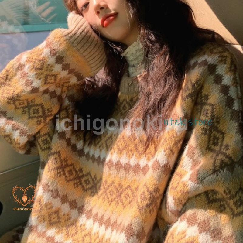 ニットセーター レディース 秋冬 40代 トップス 長袖 丸首セーター 民族風 ニットトップス ゆったり セーター 学院風 オシャレ 着痩せ 2色 |  | 02