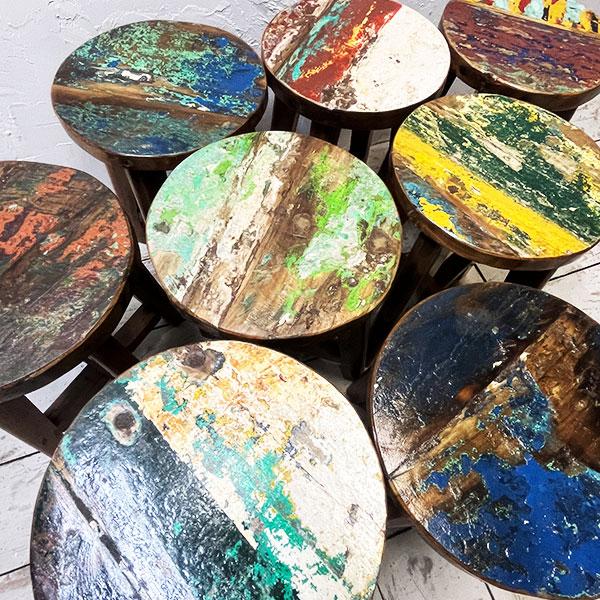 アジアン家具 スツール イス 丸椅子 チェア 木製 チーク 古木 腰掛け 船 ボート 無垢 花台 飾り台 おしゃれ |  | 07