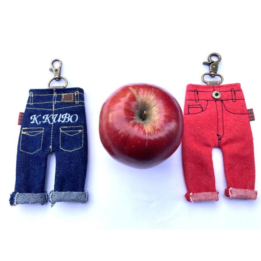 デニムリメイク　ハートのキーロック付きキューブバック　朱赤　カラーデニム ネーム刺繍入れます！ちびデニムキーホルダー 倉敷デニム プレゼント