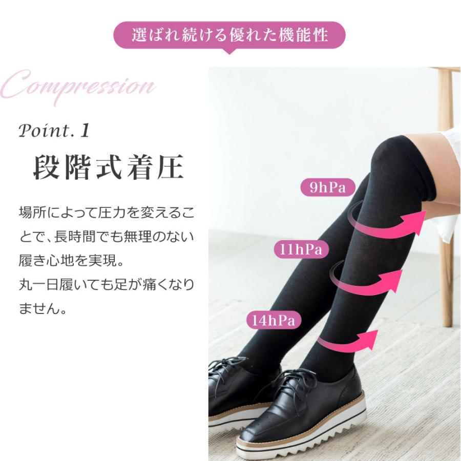 着圧ソックス レディース ニーハイ 着圧 靴下 綿 ハイソックス 足痩せ 美脚 細足 ベージュ グレー ホワイト 白 黒 スクールソックス 学校 ナース 3足 セット | BeHe | 09