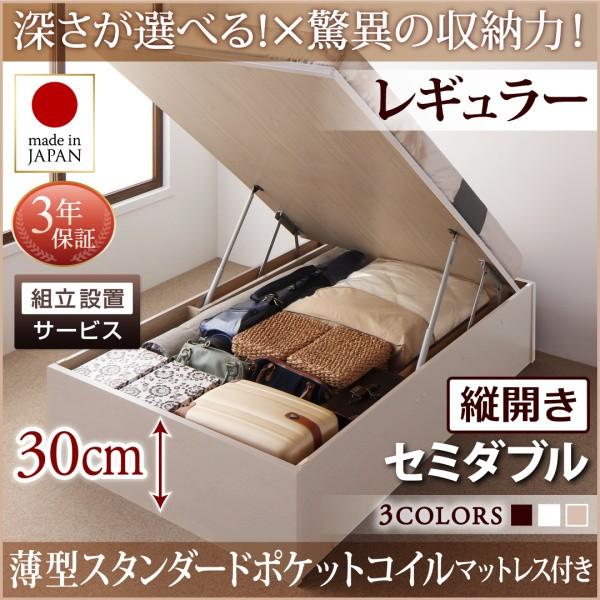 組立設置付 国産跳ね上げ収納ベッド Regless リグレス 薄型スタンダードポケットコイルマットレス付き 縦開き セミダブル 深さレギュラー
