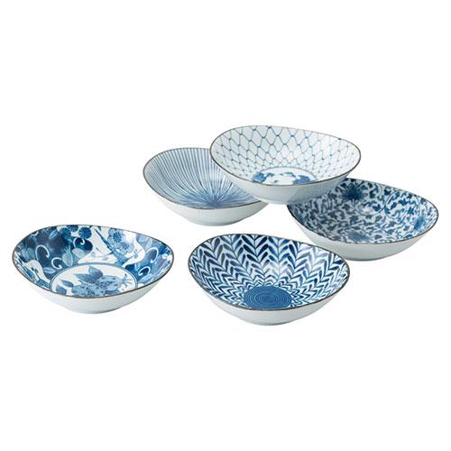 美濃焼 藍絵変り 楕円鉢5客揃 17×15×5cm 家庭用食洗機使用可 電子