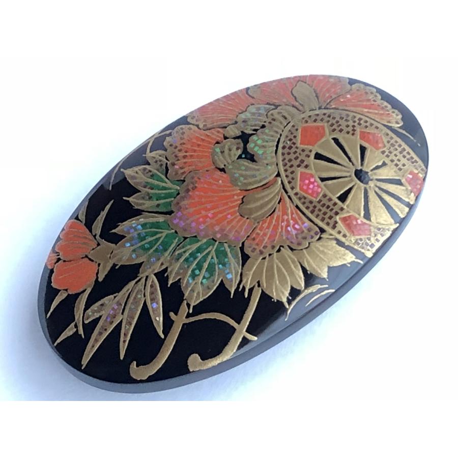 鼈甲 帯留め 螺鈿蒔絵 花車・牡丹 べっ甲 本鼈甲 帯留 A48 (留袖・お洒落着・訪問着・結婚式)の画像