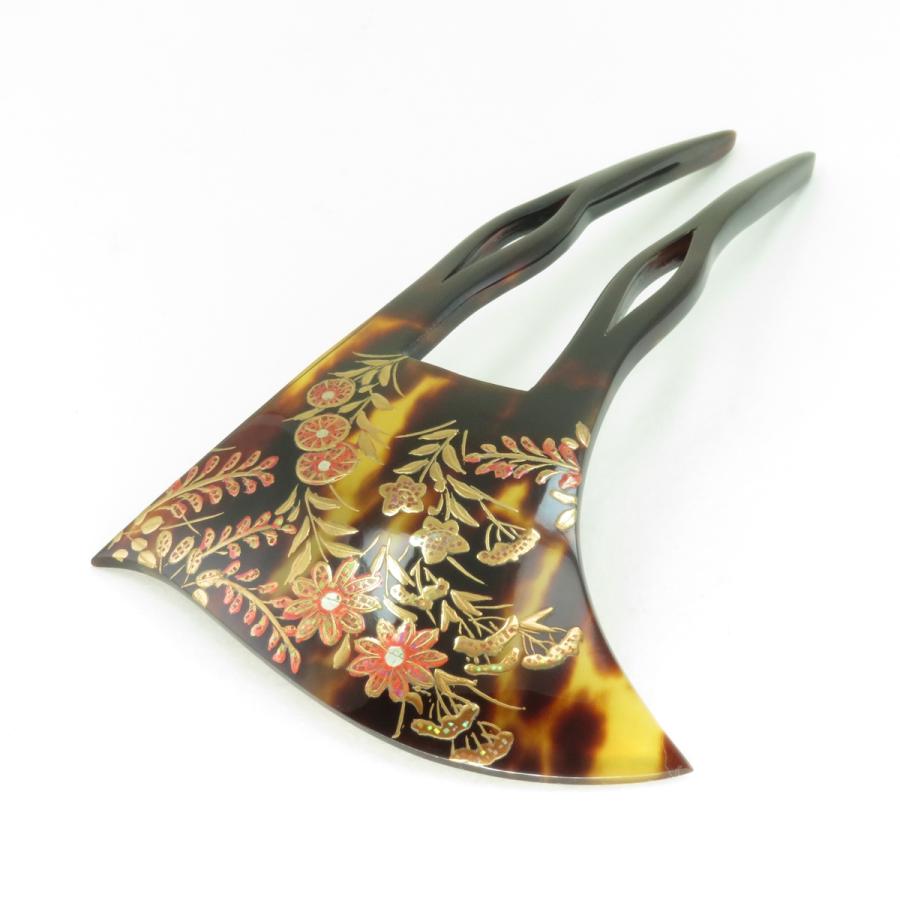 鼈甲(茨布) 簪 螺鈿蒔絵 萩菊桔梗女郎花文様 かんざし べっ甲 本鼈甲 髪飾り A7 (留袖・お洒落着・訪問着・結婚式)【特選】の画像