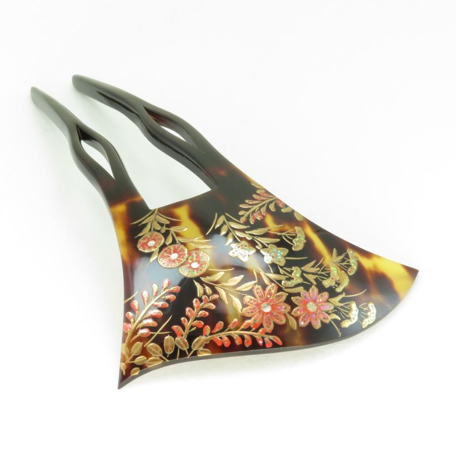 鼈甲(茨布) 簪 螺鈿蒔絵 萩菊桔梗女郎花文様 かんざし べっ甲 本鼈甲 髪飾り A7 (留袖・お洒落着・訪問着・結婚式)【特選】の画像