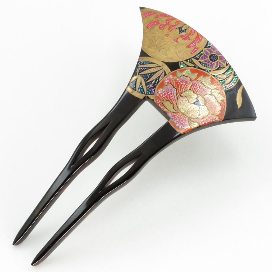 鼈甲 簪 螺鈿蒔絵 吉祥文様 (菊・水仙・竹・牡丹)  山型 かんざし べっ甲 本鼈甲 A92  (留袖・お洒落着・訪問着・結婚式)の画像