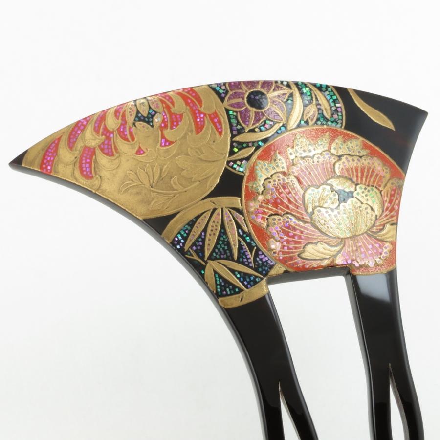 鼈甲 簪 螺鈿蒔絵 吉祥文様 (菊・水仙・竹・牡丹)  山型 かんざし べっ甲 本鼈甲 A92  (留袖・お洒落着・訪問着・結婚式)の画像