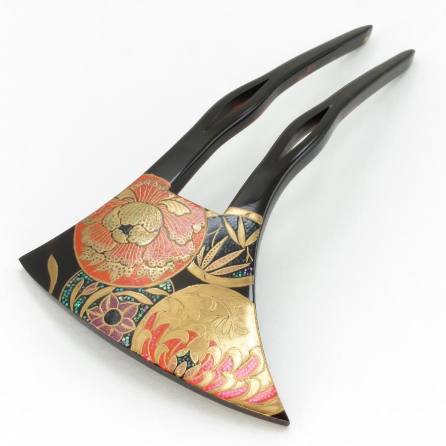 鼈甲 簪 螺鈿蒔絵 吉祥文様 (菊・水仙・竹・牡丹)  山型 かんざし べっ甲 本鼈甲 A92  (留袖・お洒落着・訪問着・結婚式)の画像