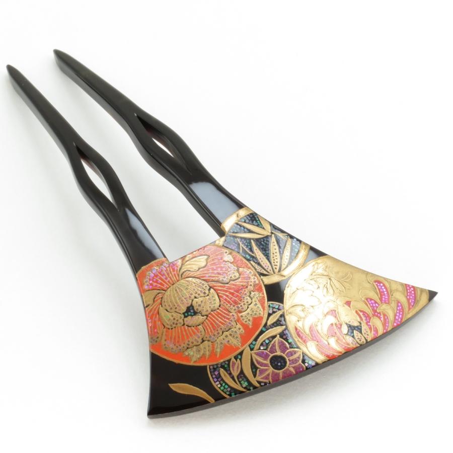 鼈甲 簪 螺鈿蒔絵 吉祥文様 (菊・水仙・竹・牡丹)  山型 かんざし べっ甲 本鼈甲 A92  (留袖・お洒落着・訪問着・結婚式)の画像