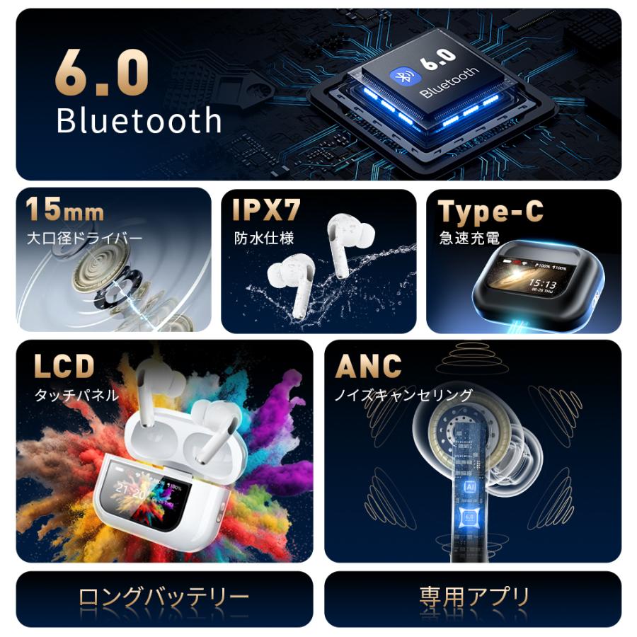 ワイヤレスイヤホン Bluetooth6.0 イヤホン ANC対応 液晶付きイヤホン