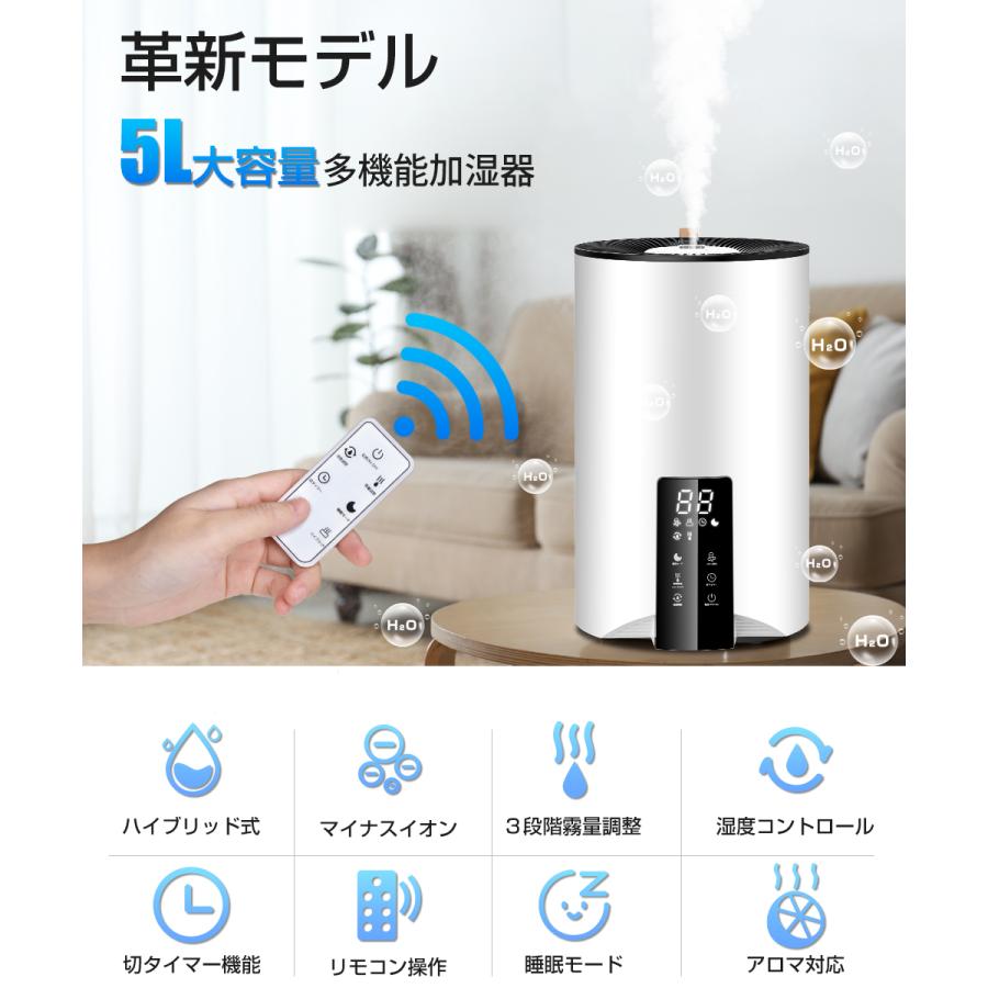 加湿器 スチーム式 大容量 5L 3重除菌 省エネ マイナスイオン 除菌