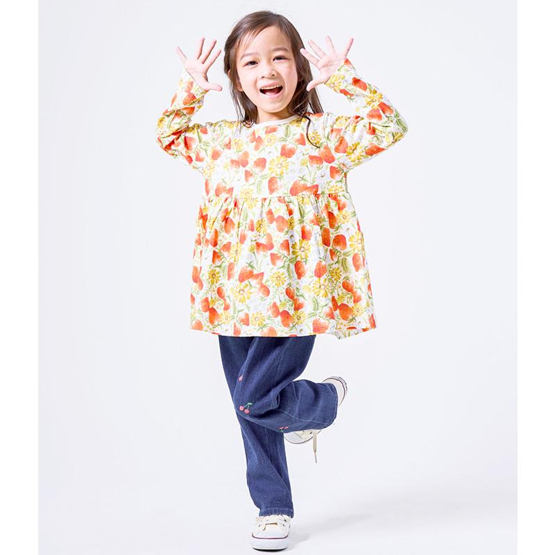 子供服 ストレッチパンツ 80-140cm ベビー キッズ 女の子 ラポシェビスキュイ ロングパンツ ストレート レギュラー お揃い 23年春物 チェリー刺繍★メール便OK｜bell-milk｜15