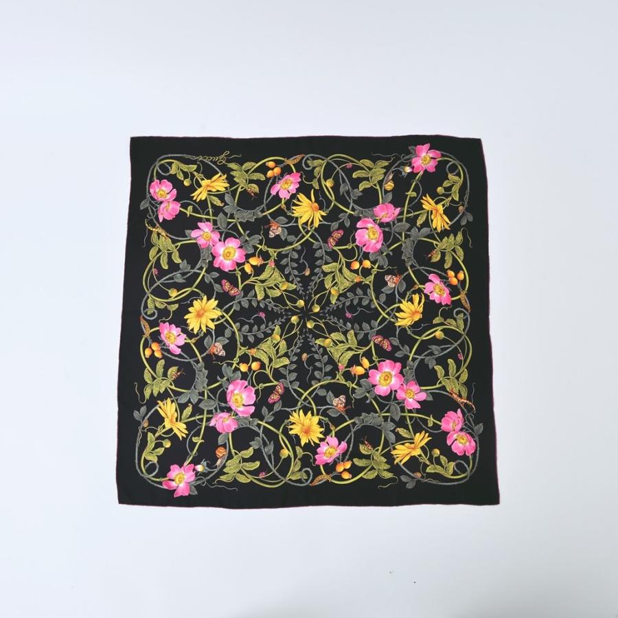 GUCCI グッチ レディース フラワー シルク スカーフ 黒 ピンク GUCCI グッチ レディース フラワー シルク スカーフ 黒 ピンク