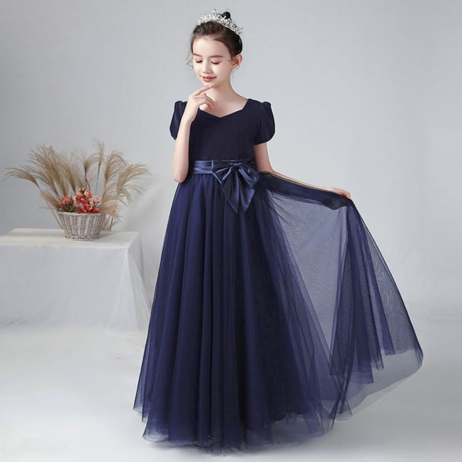 子供ドレス 発表会ドレス ネイビー ワンピース 緑 紺色 ジュニア  