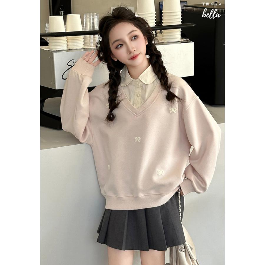 リボン刺繍入りスウェットトップス 春服 子供服 キッズ ジュニア