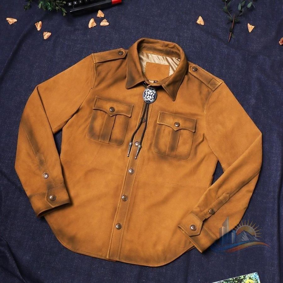 ジャケットダメージ シャツジャケット 本革 アメリカン アドバンスト レトロスエ ドファ ストレイヤ シープス キンシャツ スエードメ ンズ 加工 家庭用