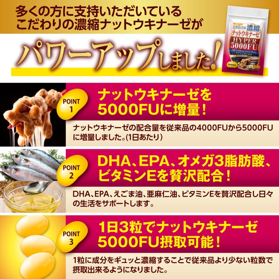 ナットウキナーゼ サプリ 納豆キナーゼ 酵素 納豆 サプリメント 5000FU こだわりの濃縮ナットウキナーゼHYPER 3袋｜belle-shop｜03