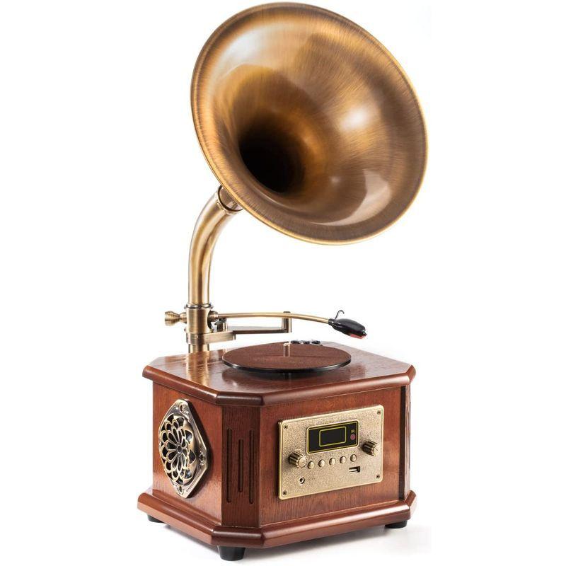 HOFEINZ 天然木材 蓄音機 純銅ホーン 工芸品 マルチレコードプレーヤー/Bluetooth4.2 /USB/FM ラジオ 天然木材 蓄音機 純銅ホーン 工芸品 マルチレコードプレーヤー/Bluetooth4 /USB/FM ラジオ