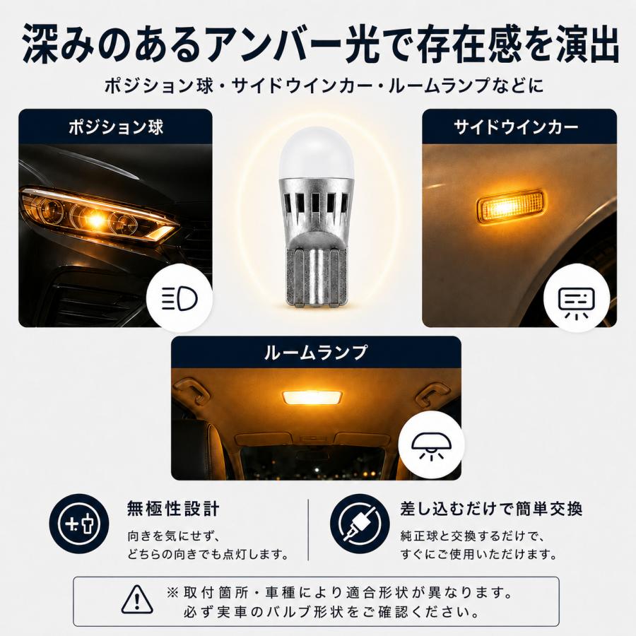 T10 アンバー ステルス高拡散タイプ LED電球 オレンジ BL706 2個セット サイドウインカー カバー付き ポジション球 濃いめ |  | 05