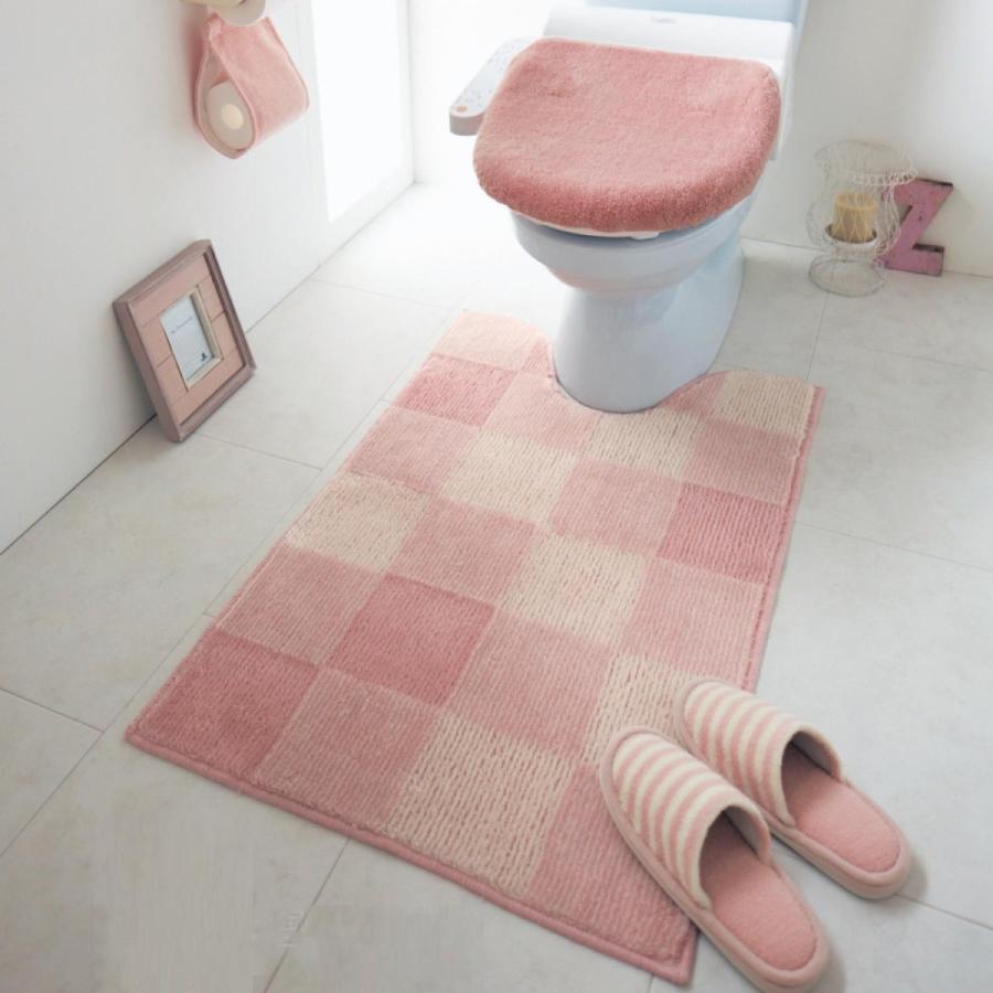 トイレマットセット フタカバー セット 温水便座 おしゃれ シンプル 洗濯 滑りにくい ブロック柄 ピンク Visible