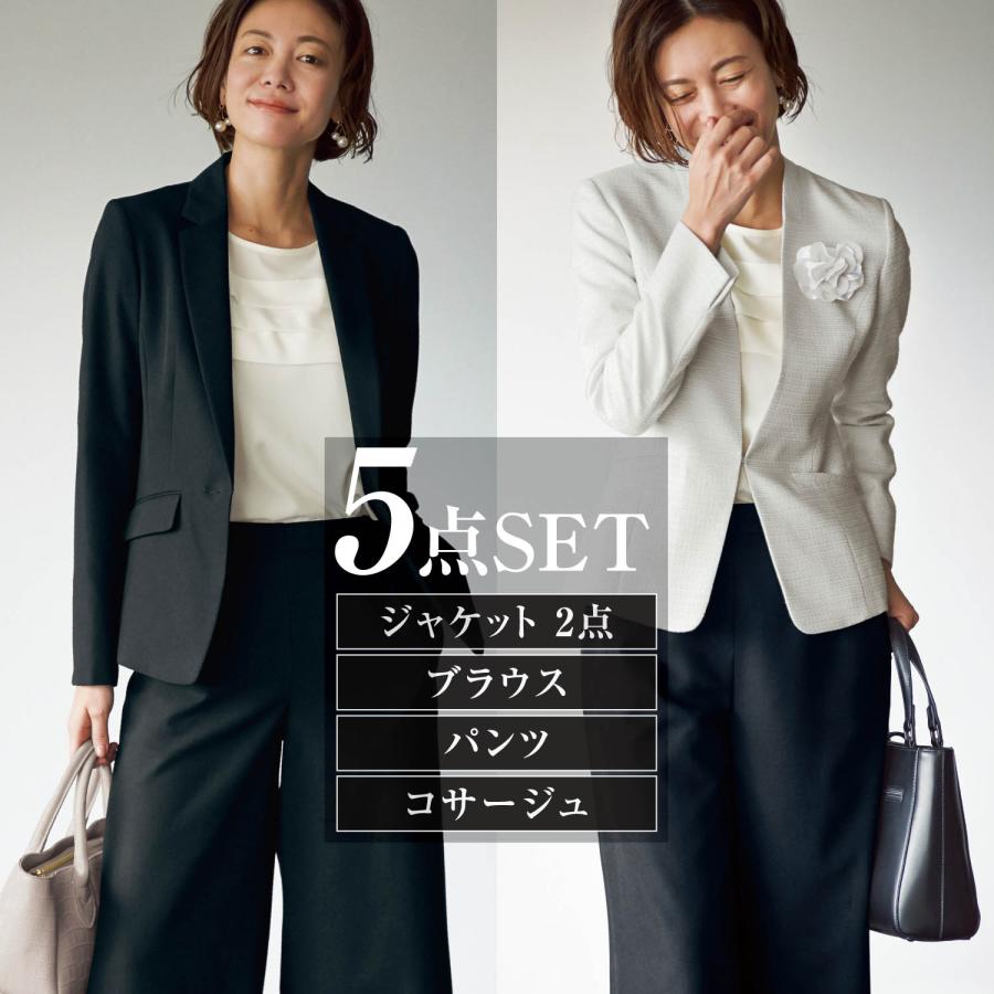 スーツ 5点セット ジャケット パンツスーツ レディーススーツ レギュラー フォーマルパンツスーツ ライトグレー×ブラック ママ 卒園式 入園式 入学式 レディーススーツ