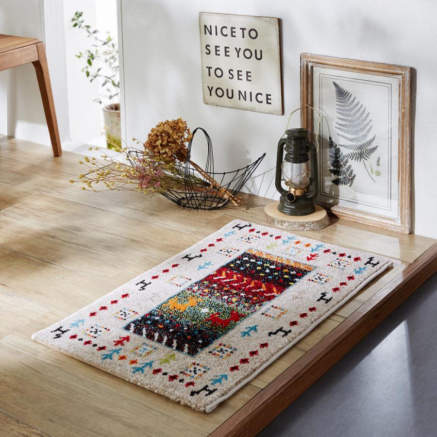 トルコ製ギャッベ調デザインの抗菌防臭ウィルトン織玄関マット 約50×80