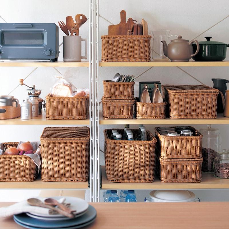 ベルメゾン 収納 バスケット ラタン風収納バスケット M フタ付き