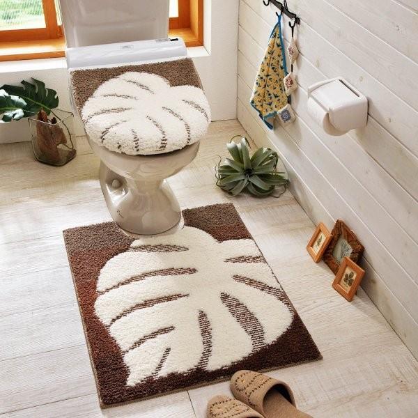 トイレマット リーフ柄 ボタニカル 風水 洗える すべりにくい おしゃれ ブラウン 標準マット 兼用フタカバーセット