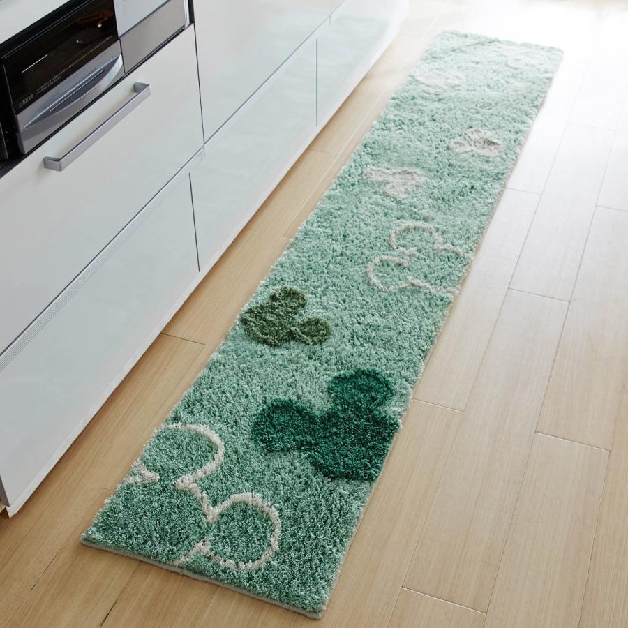 りたくなる ディズニー ふわふわシャギーのキッチンマット ミッキーモチーフ グリーン系 約45