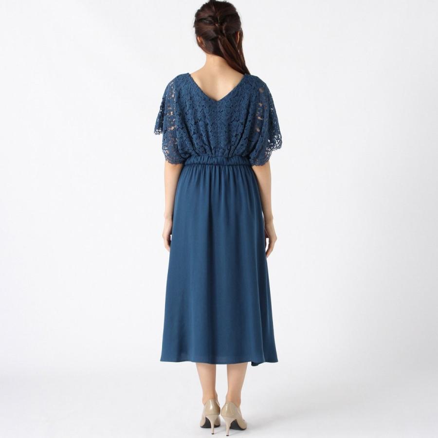 じます フォーマル レディース ワンピース 細見え ミモレ丈レースドッキングワンピース ブルーグリーン ベルメゾン