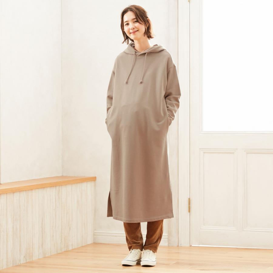 マタニティワンピース マタニティ ワンピース ロング丈 ベージュ マタニティ M L 裏毛 裾スリット 授乳口付き 授乳服 ママ 妊婦 産前 産後 ベルメゾン Paypayモール店 通販 Paypayモール